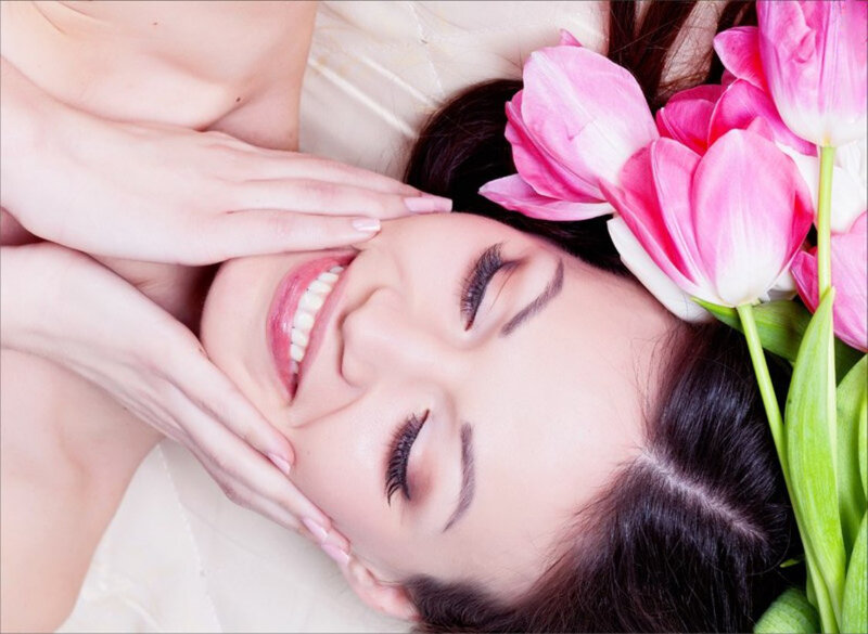 Woman with Pink Tulips — Serene, Photograph