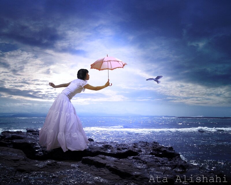Woman with Pink Umbrella — Blue