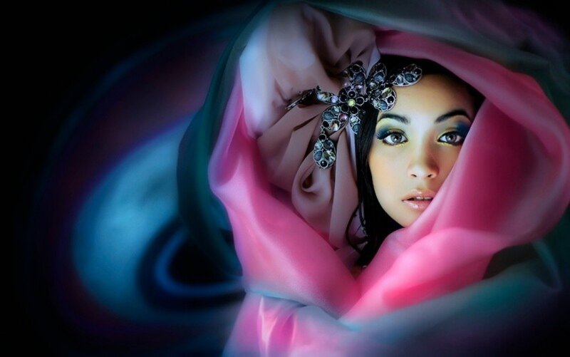 Woman with Pink Veil — Dramatic, Photograph, Headpiece