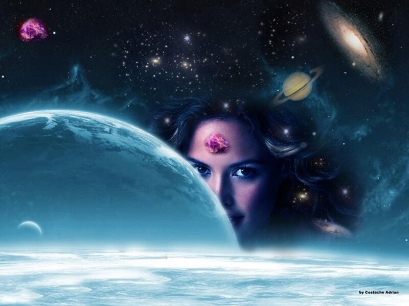 Woman with Planet Background — Blue