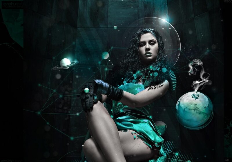 woman with planets and smoke