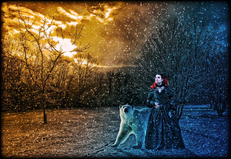 Woman with Polar Bear — Blue, Dramatic