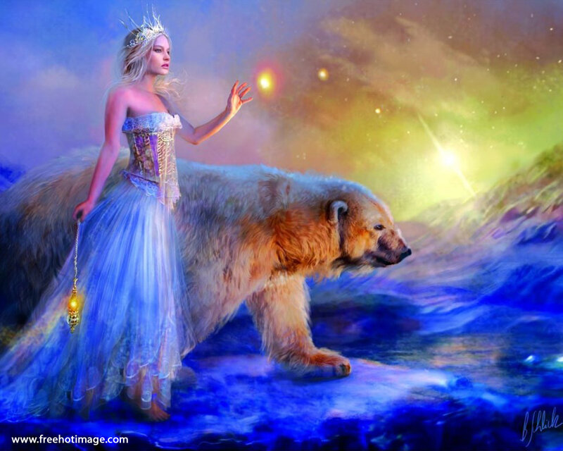 Woman with Polar Bear — Blue, Fantasy, Night, Digital Art, Crown
