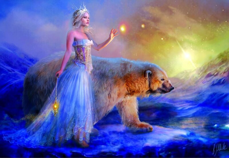 Woman with Polar Bear — Blue, Fantasy, Night, Digital Art