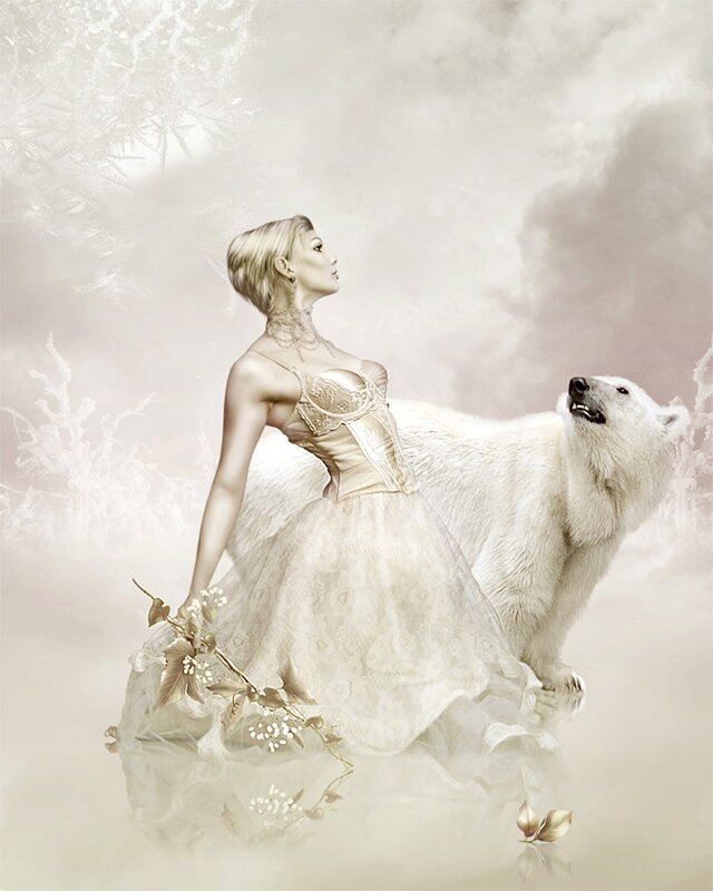 woman with polar bear in winter