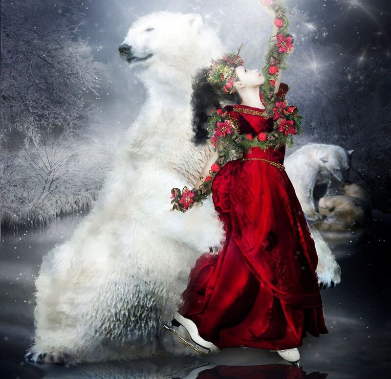 Woman with Polar Bear — Red, Dramatic