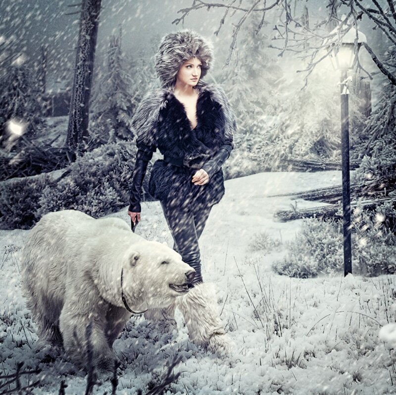 Woman with Polar Bear — White, Dramatic