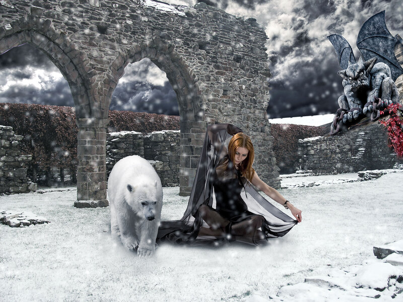 Woman with Polar Bear — White, Dramatic, Winter, Digital Art
