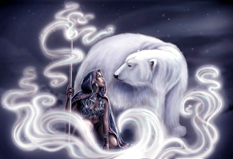 Woman with Polar Bear — White, Serene, Night