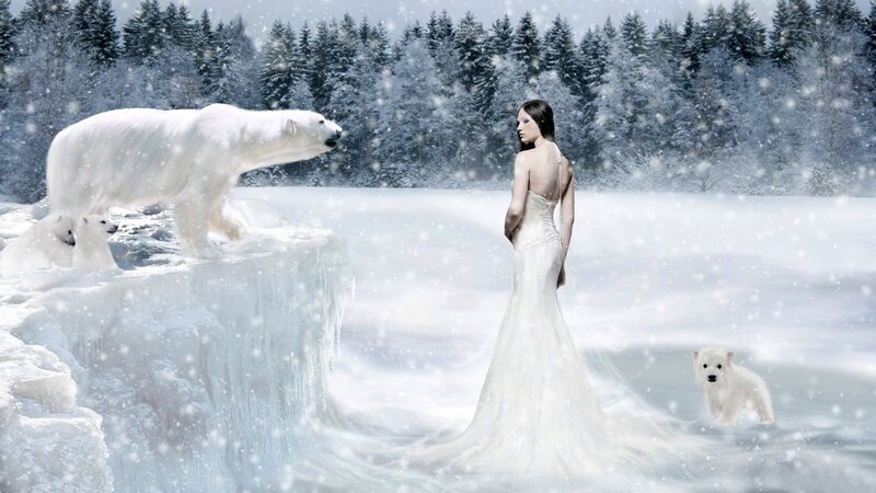 woman with polar bears in snow