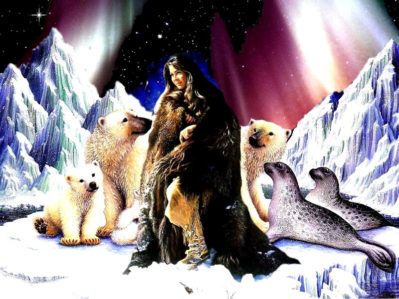 Woman with Polar Bears — White