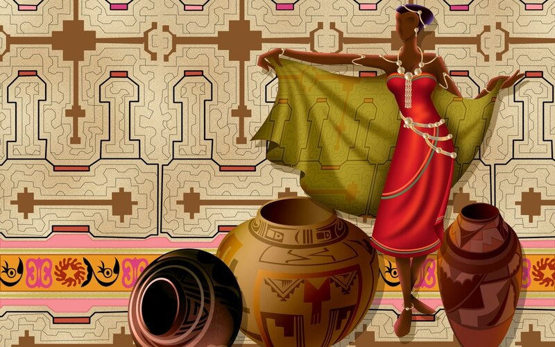 woman with pottery and textiles