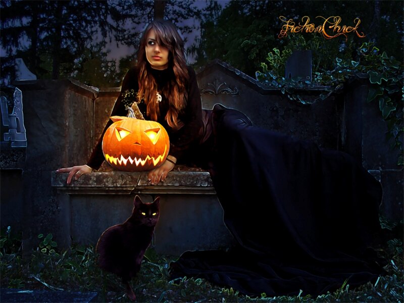 Woman with Pumpkin in Cemetery