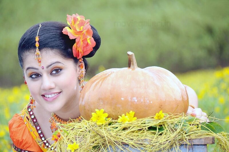 woman with pumpkin in field