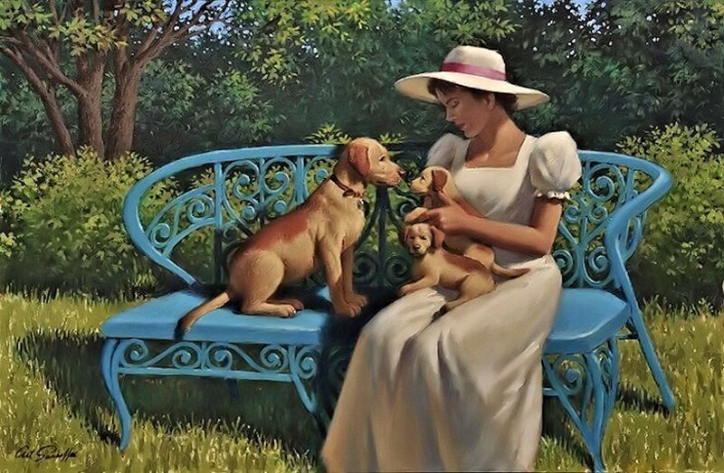 Woman with Puppies — Blue