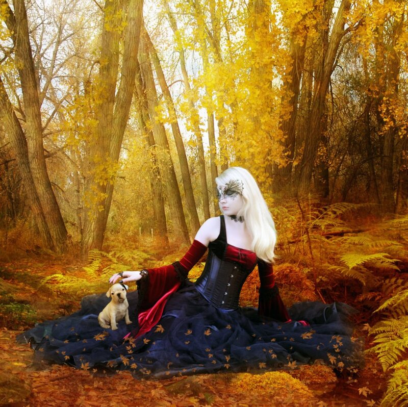 Woman with Puppy in Forest