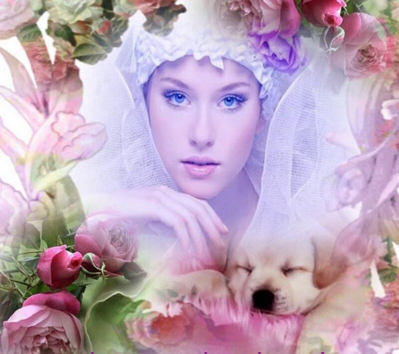 Woman with Puppy — Pink, Serene