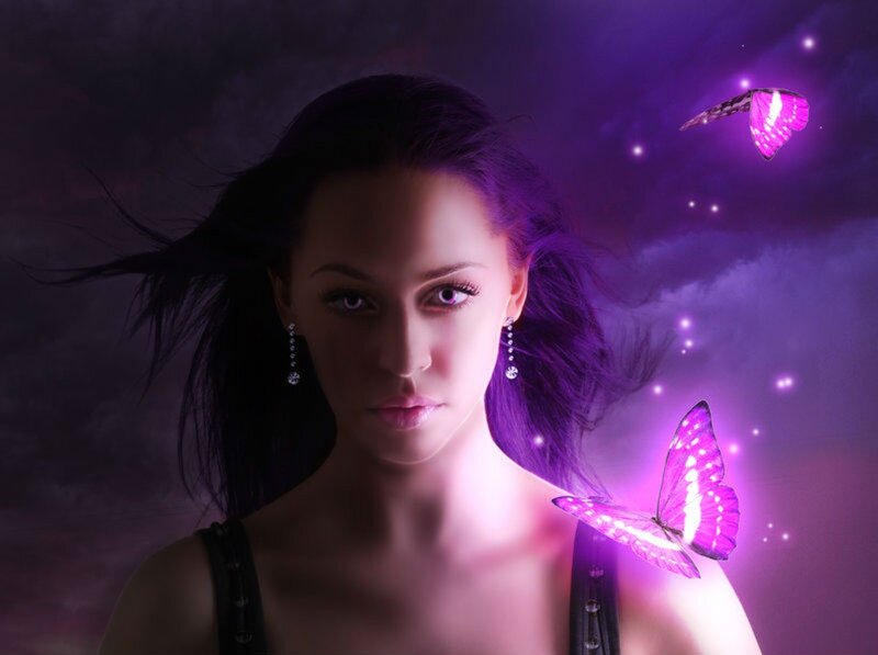 Woman with Purple Butterflies — Dramatic, Night