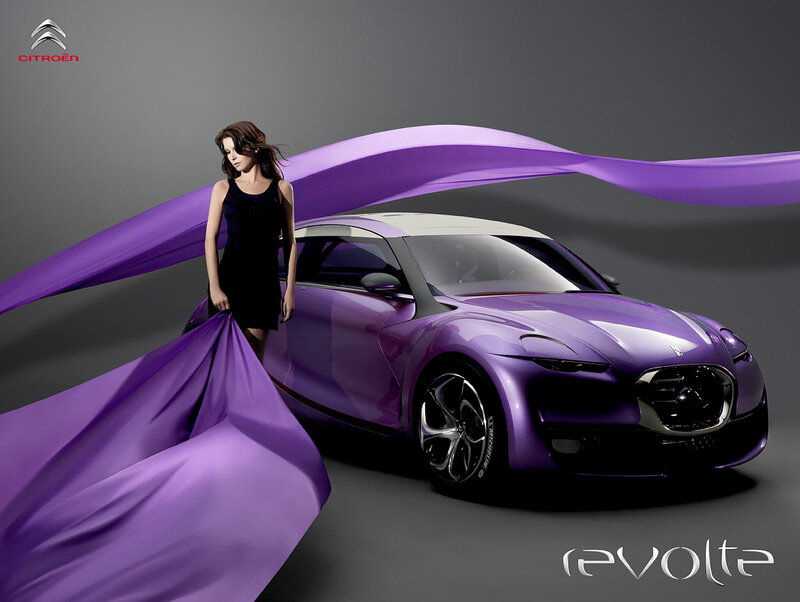 Woman with Purple Car — Dramatic, Photograph