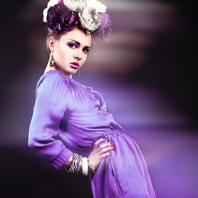 Woman with Purple Dress — Dramatic, Photograph, Flowers