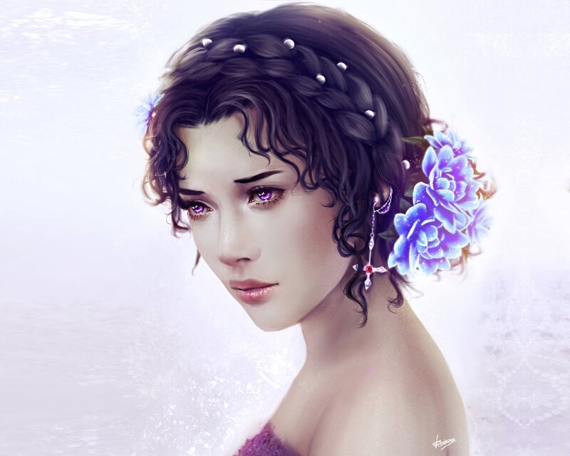 woman with purple eyes and flowers