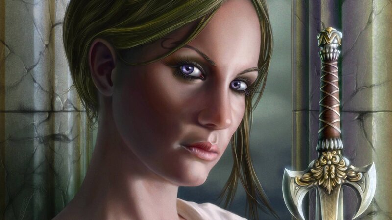 woman with purple eyes and sword