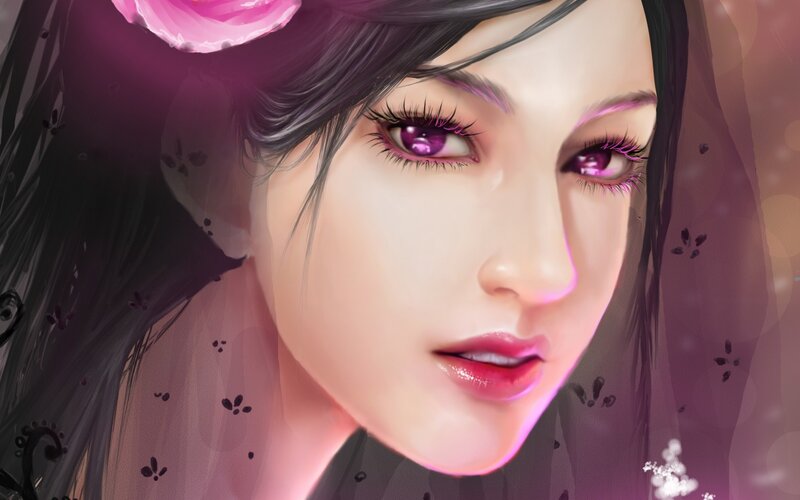Woman with Purple Eyes — Dramatic, Digital Art, Flower