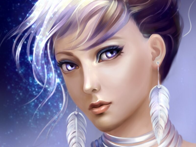 Woman with Purple Eyes — Dramatic, Night, Digital Art, Feather Earrings