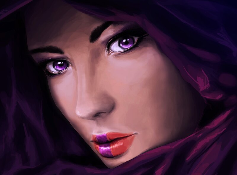 Woman with Purple Eyes — Dramatic, Night, Digital Art, Purple Hood