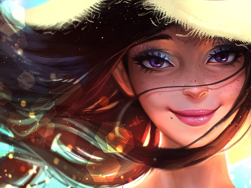 Woman with Purple Eyes — Dreamy, Digital Art, Hat