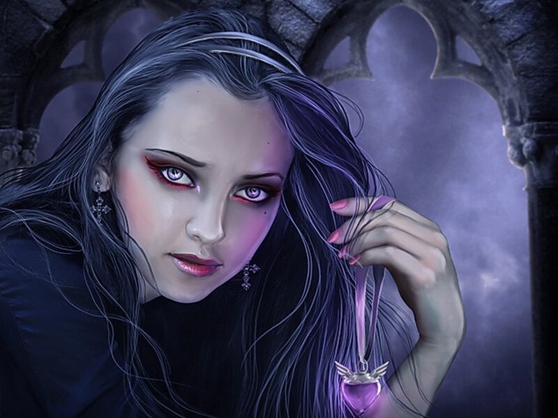 woman with purple eyes in gothic setting