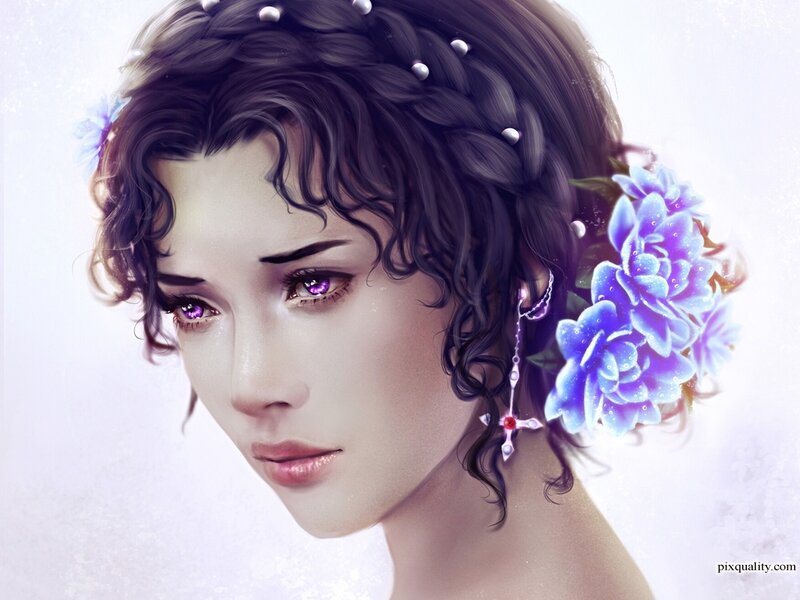 Woman with Purple Eyes — Serene, Digital Art, Flowers