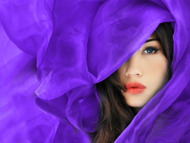 Woman with Purple Fabric — Dramatic, Photograph, Face