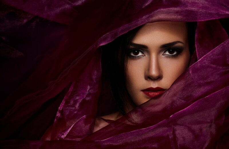 Woman with Purple Fabric — Dramatic, Photograph, Makeup