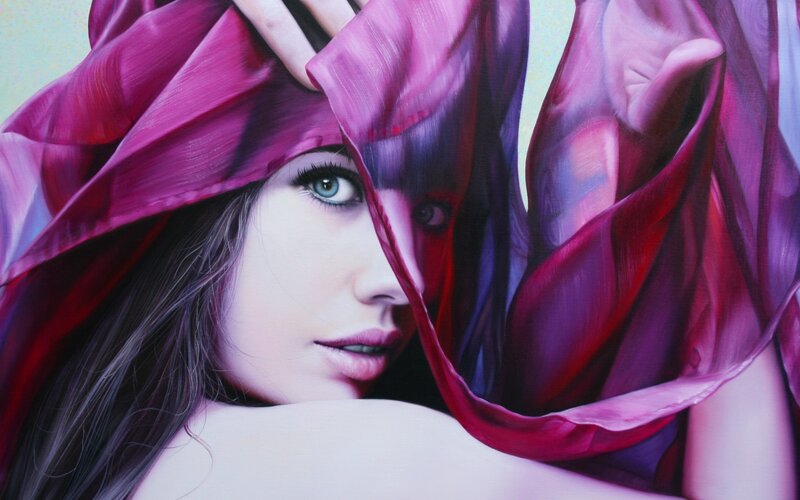 woman with purple fabric