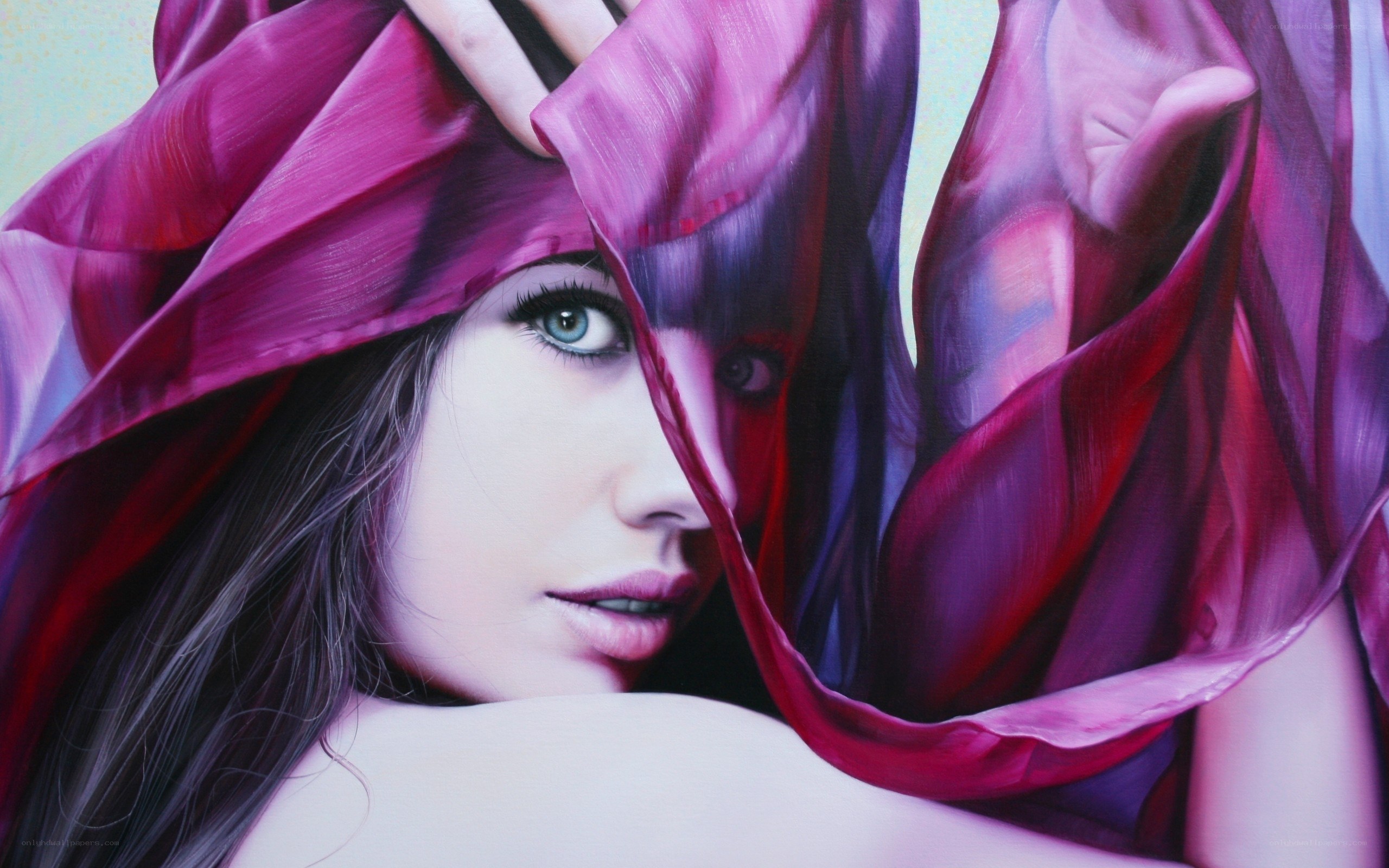 woman with purple fabric
