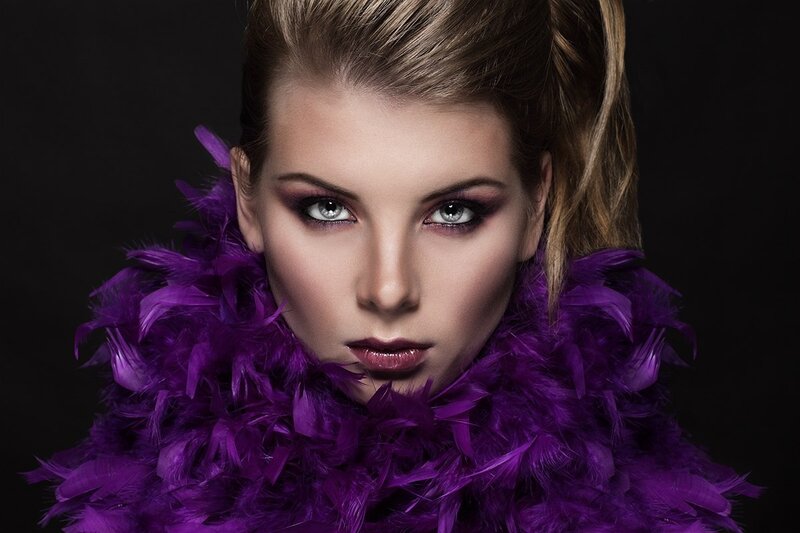 Woman with Purple Feather Boa — Dramatic, Photograph