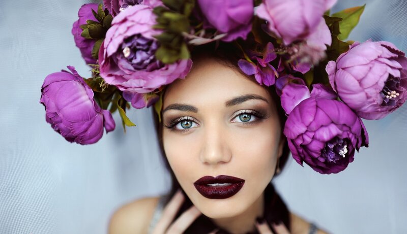 Woman with Purple Flower Crown — Dramatic, Photograph