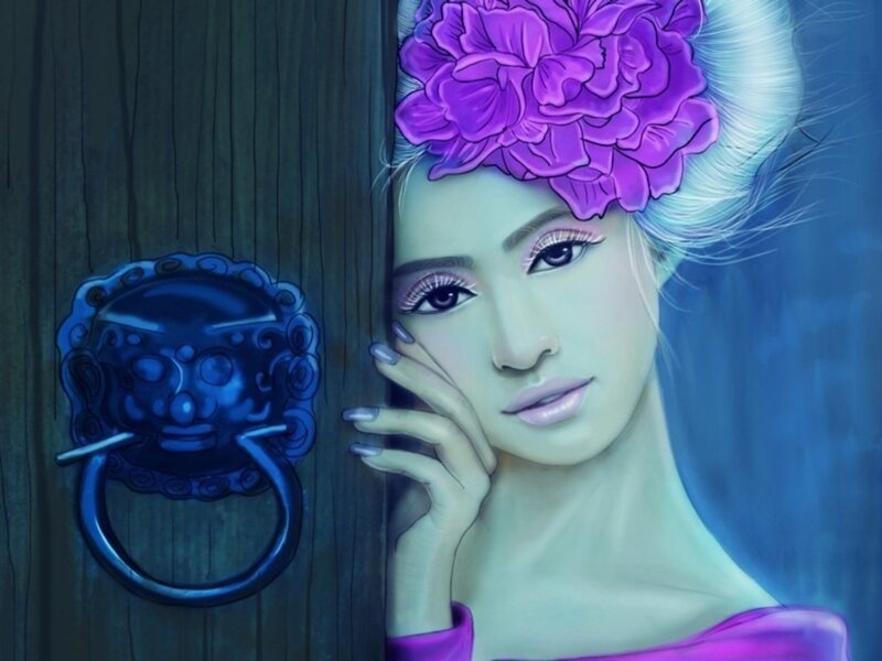 Woman with Purple Flower — Dramatic, Night