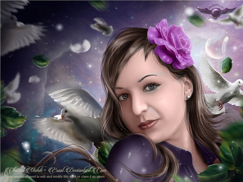 Woman with Purple Flower — Serene, Night, Digital Art