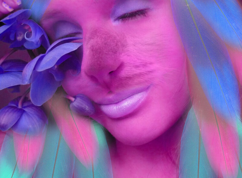 woman with purple flowers and feathers