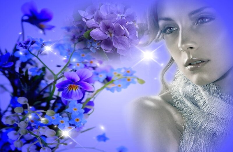 Woman with Purple Flowers — Blue