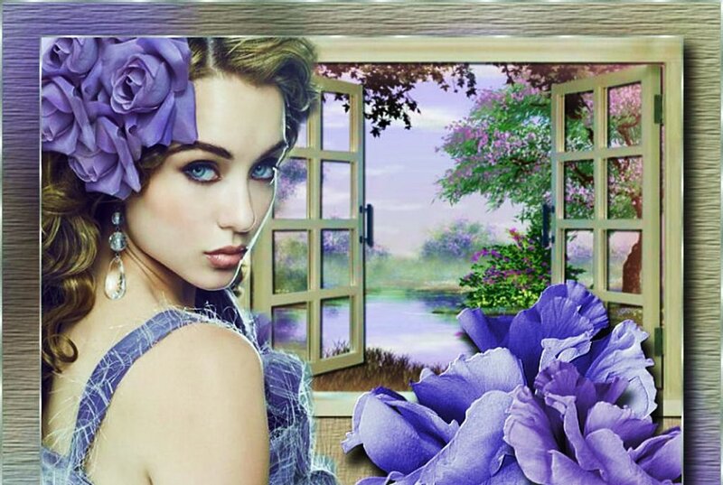woman with purple flowers by window