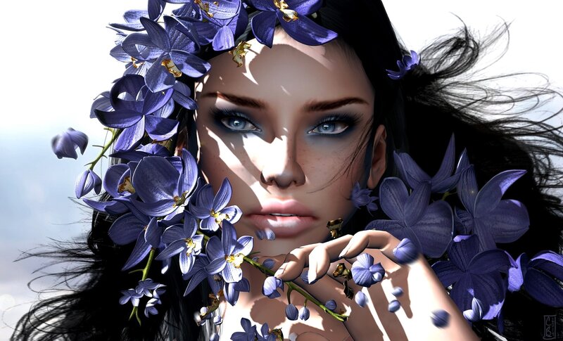 Woman with Purple Flowers — Dramatic, Afternoon