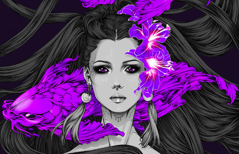 Woman with Purple Flowers — Dramatic, Digital Art, Fish