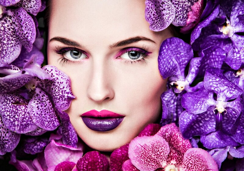 Woman with Purple Flowers — Dramatic, Photograph, Eyes