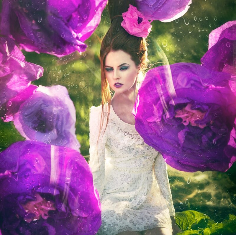 Woman with Purple Flowers — Dreamy, Afternoon