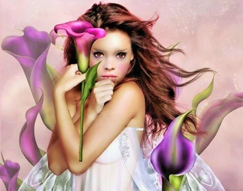 Woman with Purple Flowers — Dreamy, Digital Art, Dress