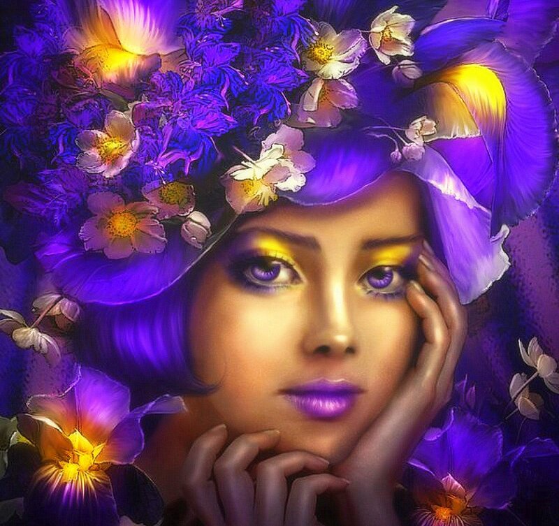 Woman with Purple Flowers — Dreamy, Digital Art, Makeup