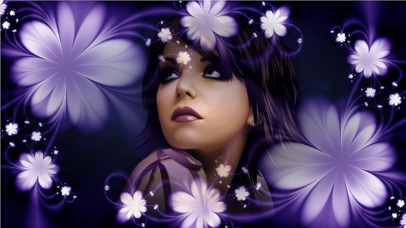 Woman with Purple Flowers — Dreamy, Night, Digital Art